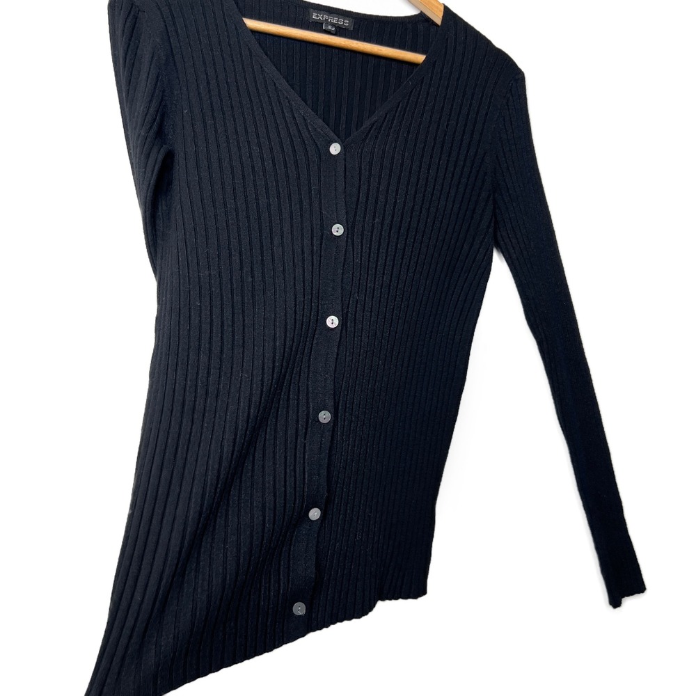 EXPRESS Black Ribbed V Neck Button Up Long Sleeve Cardigan Sweater Womens M - Picture 9 of 16